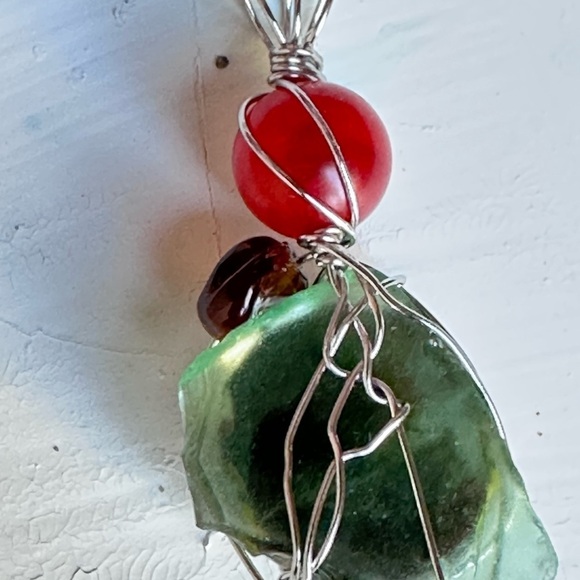 Art Glass Pendant Hand Painted Cabochon, Beaded, Wire Wrapped Handmade  4226 Y - Picture 2 of 11